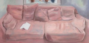 ANNA BJERGER, Pink Sofa, 2023. Olja på aluminium, 150x305 cm.